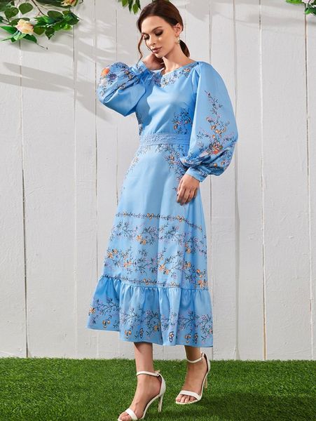 

lantern sleeve guipure lace panel ruffle hem floral dress x093#, Black;gray