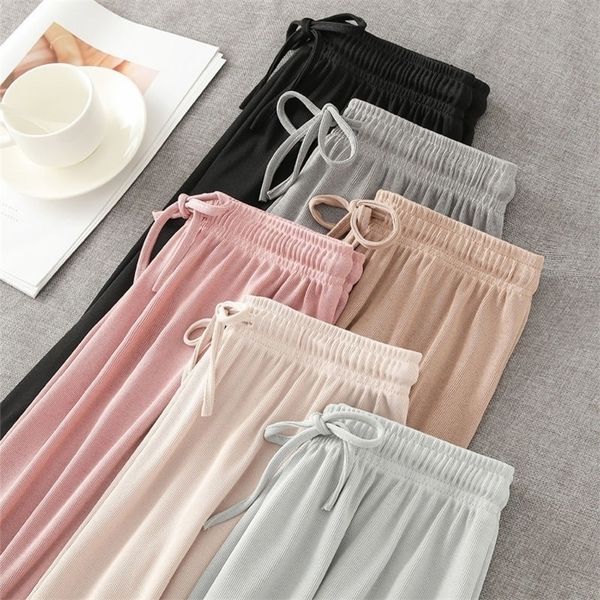 

ice silk wideleg long pants women korean high waist straight pants casual loose office lady summer new trousers plus size slim 201012, Black;white
