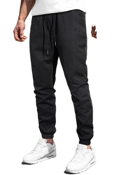

men solid drawstring waist pants 56yq#, Black
