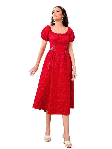 

bow jacquard contrast lace puff sleeve lace up front dress x72h#, Black;gray