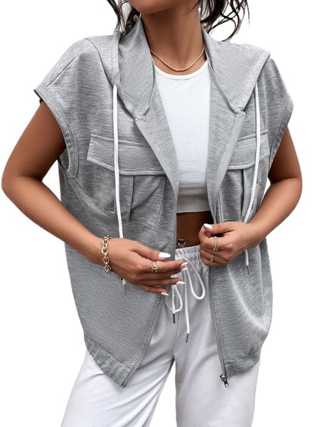 

flap pocket zip up drawstring hoodie 15gi#, Black