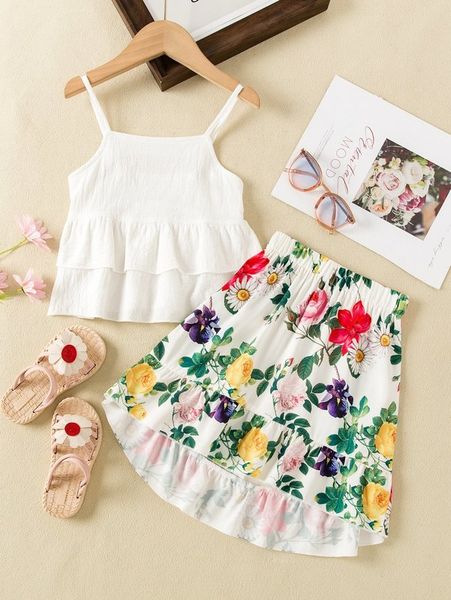 

little girl's multi-layer hem suspender and printed skirt she, White