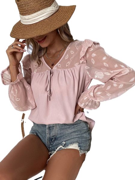 

contrast mesh flounce sleeve tie front blouse u3ux#, White