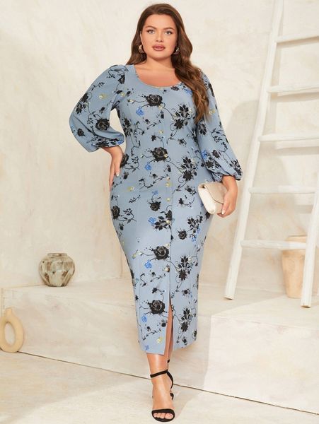 

plus floral print lantern sleeve dress p2mh#, Black