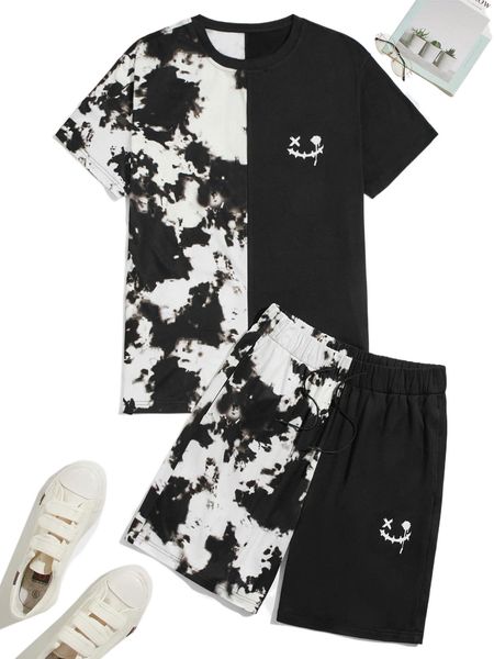 

men expression print tie dye tee & shorts t1iy#, Gray
