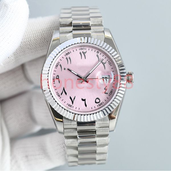 

hjd mens watch 40mm pink dial automatic machine wristwatches silver 904l stainless steel strap folding buckle calendar time montre de luxe d, Slivery;brown