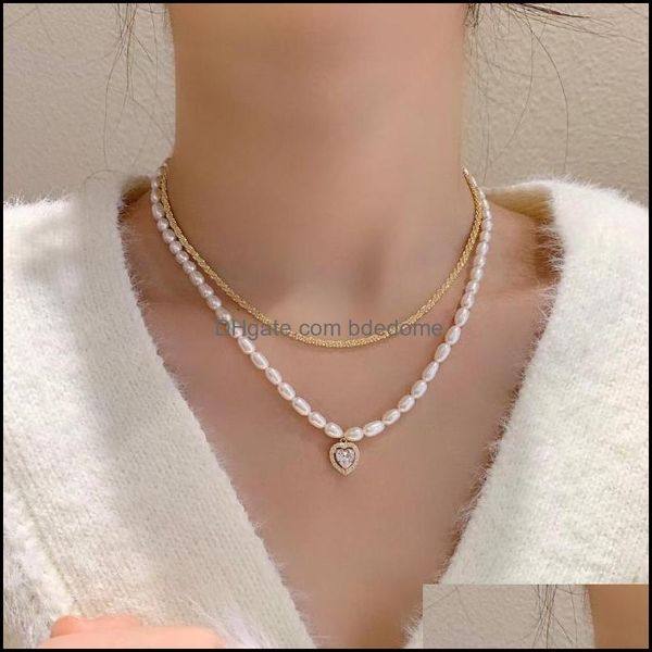 

chains natural white freshwater pearls necklace style two layer zircon heart pendant for women jewelry drop delivery 20 bdedome dhbbq, Silver