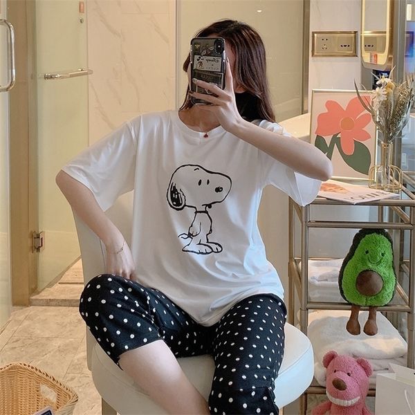 

2020 summer short sleeve knee length pajama sets for women cute cartoon sleepwear suit pyjama homewear pijama mujer home clothes t200429, Black;red