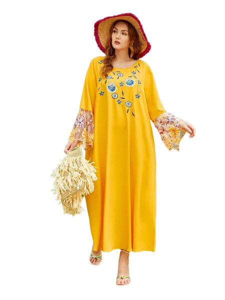 

plus floral embroidered trumpet sleeve tunic dress 519r#, Black