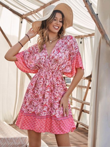 

deep v neck floral print batwing sleeve dress t8pf#, Black;gray