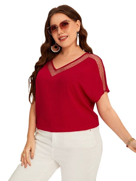

plus contrast dobby mesh dolman sleeve blouse a1ap#, Black
