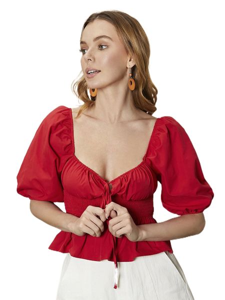 

puff sleeve off the shoulder tie front 49jj#, White