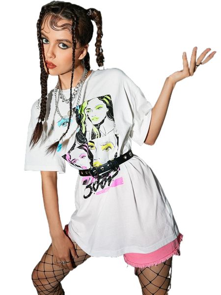 

slogan & figure graphic drop shoulder tee 09dv#, White
