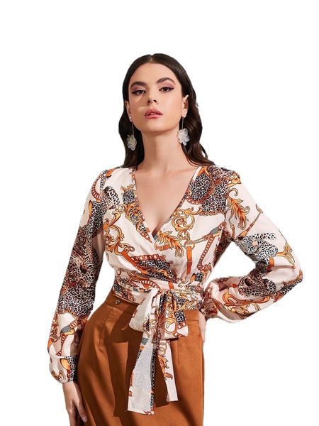 

chain & leopard print knot front lantern sleeve blouse b5jq#, White