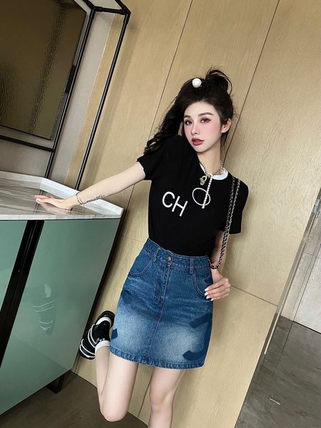 

ch designer two piece dress woman denim skirt t-shirt two-piece suit summer street shooting simple two piece women set, White