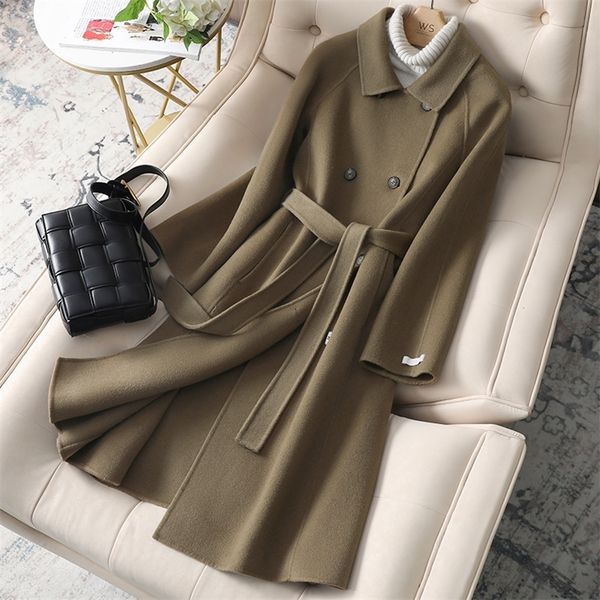 

women's wool blends solid double sided wool coat women belt mid-length korean fashion double breasted elegant winter jacket 220826, Black