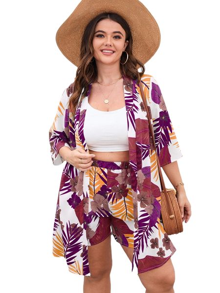 

plus floral & tropical print kimono with shorts 704e#, Black