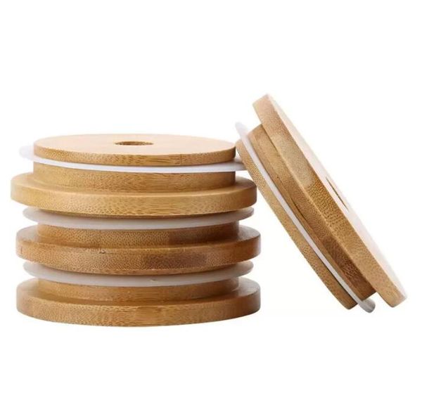 

bamboo cap lids 70mm 88mm reusable bamboo mason jar lids with straw hole and silicone seal c0713x02