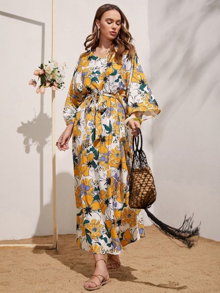 

batwing sleeve self belted floral print dress m7ei#, Black;gray