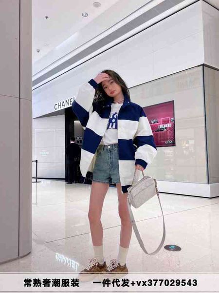 

women's knits & tees 2022 spring summer new navy blue white stripe stitched embroidered baseball jacket couple sztr