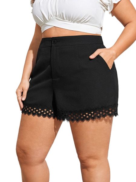 

plus guipure lace hem shorts 340q#, Black