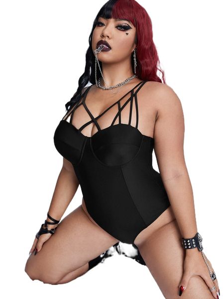 

plus harness push up one piece swimsuit 96bg#, White;black