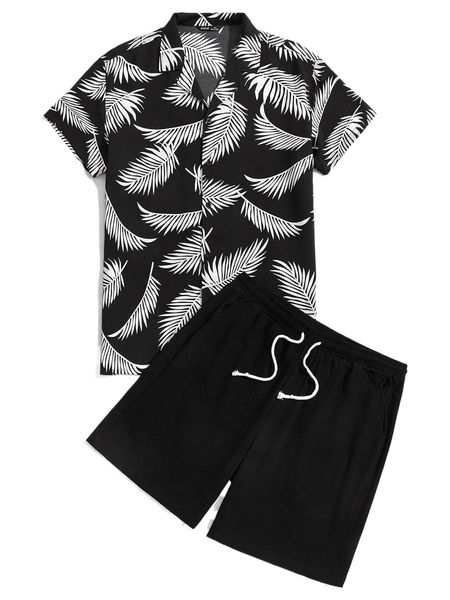 

men tropical print shirt & drawstring waist shorts f68c#, Gray