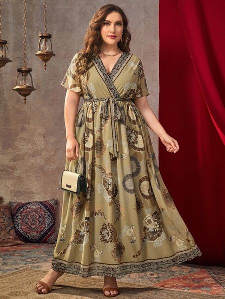 

plus mandala print overlap collar belted dress y8sw#, Black