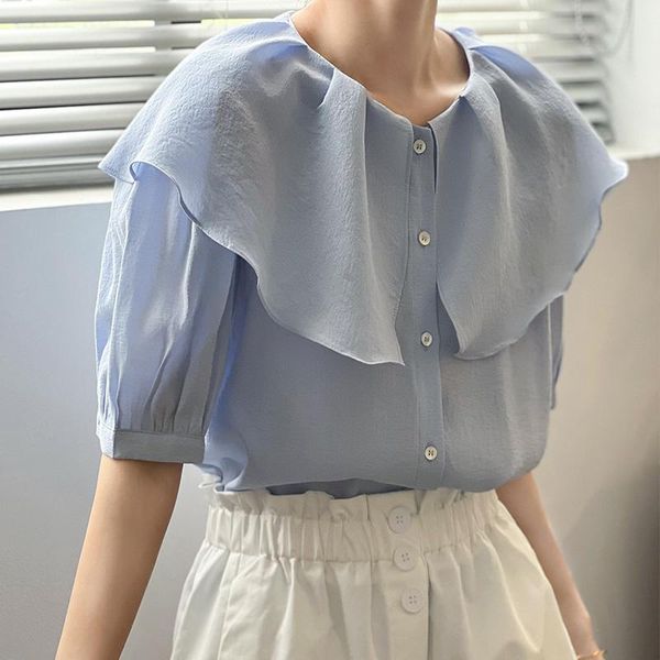 Damenblusen, Hemden, Sommer-Frauenbluse, coole Rüschen, Designer-Mode, kurze Puffärmel, Freizeithemd, Weiß, Blau, Damenbekleidung, Korea 3