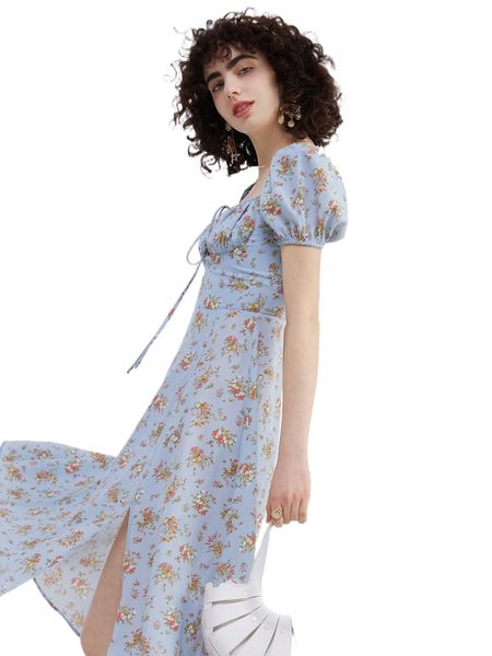 

floral print puff sleeve tie front slit thigh shirred back dress l5nl#, Black;gray