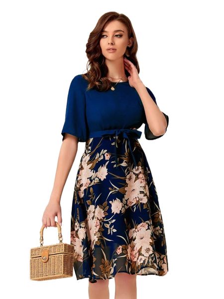 

floral print belted a-line dress l3hq#, Black;gray