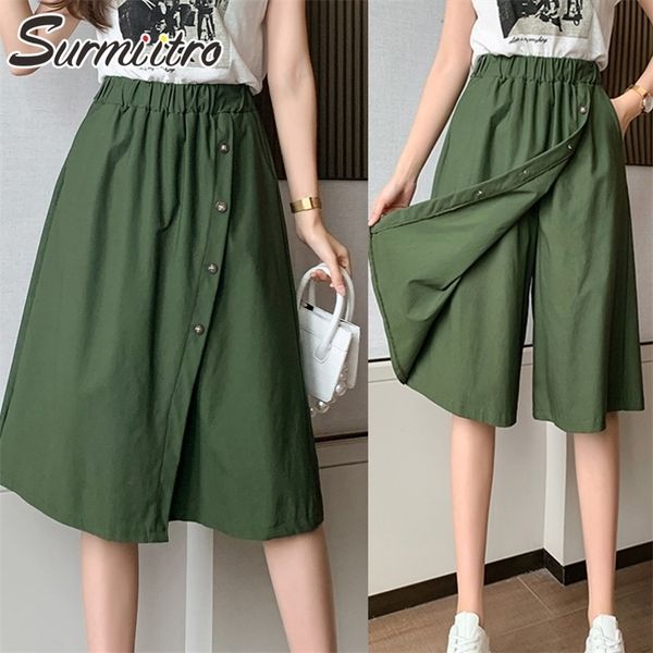 SURMIITRO Moda Verano Estilo Coreano Algodón Pierna Ancha Capris Mujeres Pantalones Cortos Alto Elástico Bud Cintura Shorts Faldas Mujer 220622