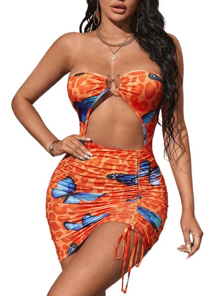 

sxy leopard & butterfly cut out ring drawstring hem bodycon tube dress y30d#, Black;gray