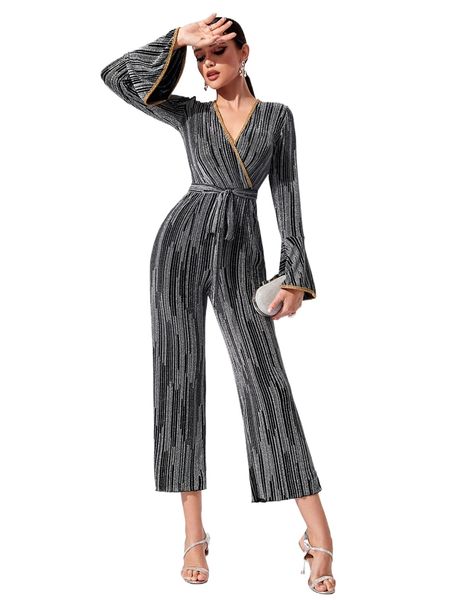 

overlap collar trumpet sleeve belted jumpsuit 36gi#, Black;white