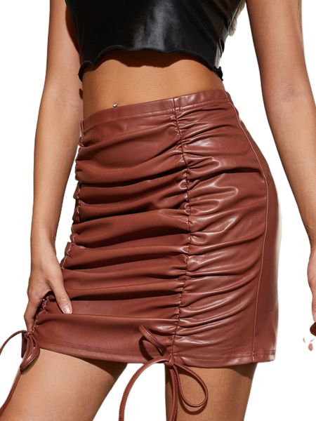 

ruched pu leather skirt p0ye#, Black