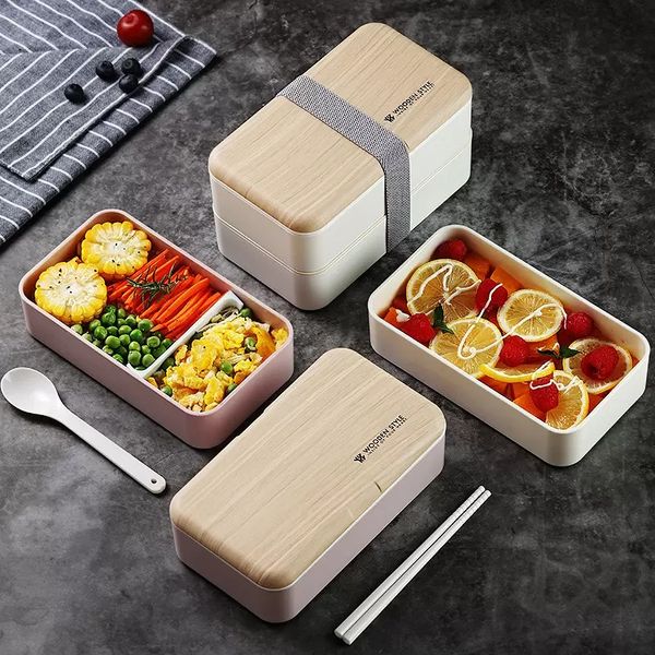 Doppelschichtige Lunchbox, 1200 ml, Holzgefühl, Salat, Bento-Boxen, Mikrowelle, tragbarer Behälter für Arbeiter, Studenten, WLL1609