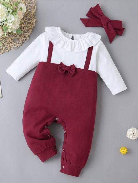 

baby girl bowknot flounce stitched jumpsuit with hair band she, Blue