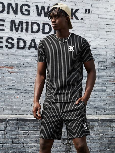 

men letter graphic striped tee & shorts set 21fi#, Gray