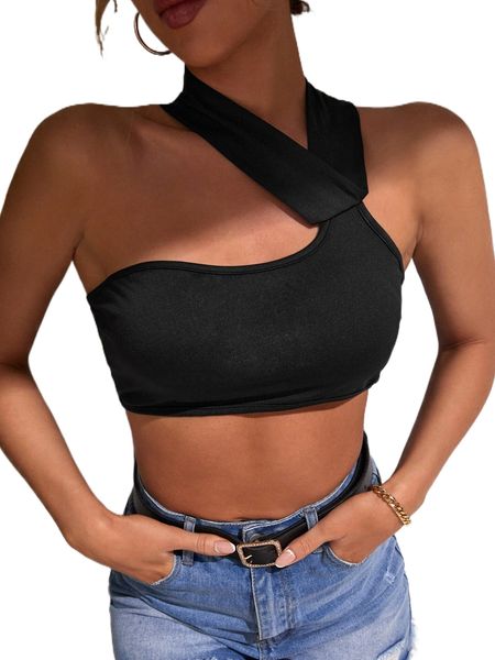 

asymmetrical neck crisscross backless crop 23bp#, White