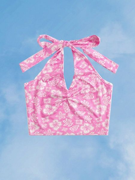 

romwe floral print knot halter crop z5nz#, White