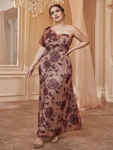 

plus floral print one shoulder butterfly sleeve formal dress r2b5#, Black