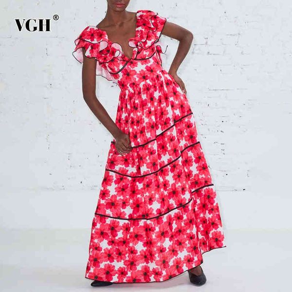 

floral print elegant dress for women v neck sleeveless high waist patchwork ruffle midi dresses female fashion clothing 210507, Black;gray