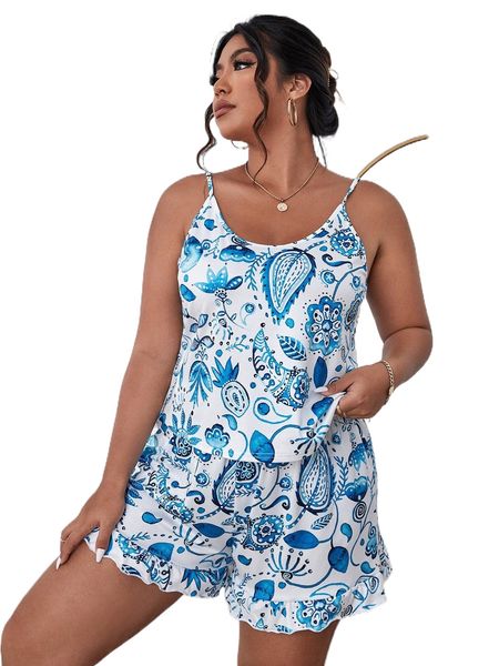 

plus floral print pj set a5br#, Black;white