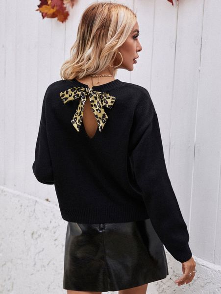 

leopard print cut out tie back drop shoulder sweater b5oe#, White;black