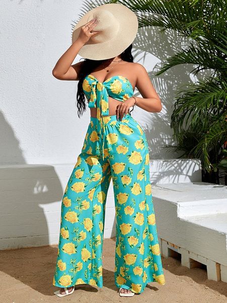 

sxy allover floral print tie front tube & wide leg pants b46j#, White