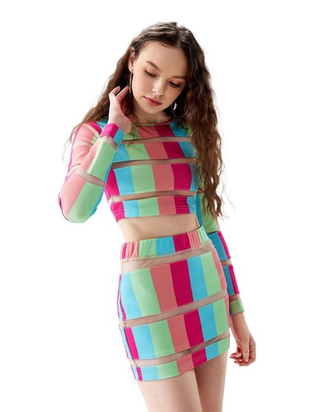 

x house of fleek color block mesh insert crop & skirt w95p#, White