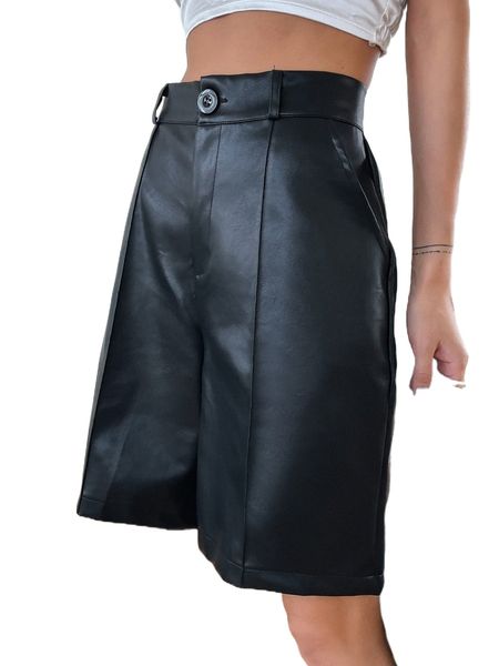 

dazy high waist press crease pu shorts o96v#, White;black