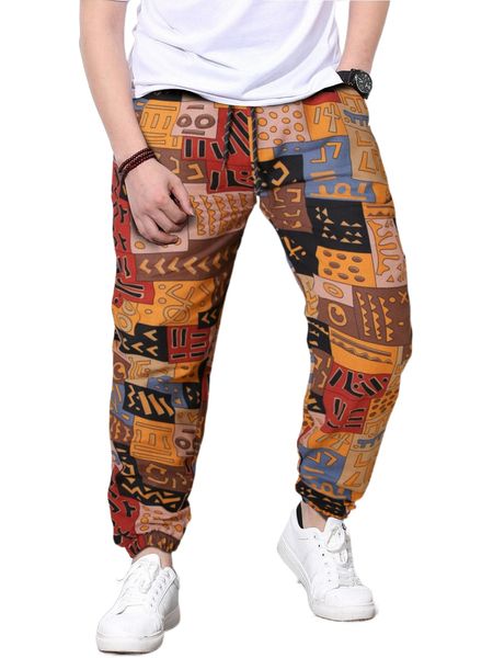 

men random geo print pocket side pants s6ml#, Black