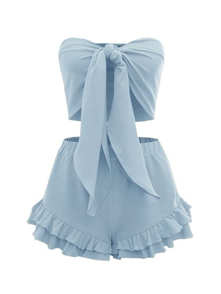 

plus knot front tube & ruffle hem shorts b85m#, Black