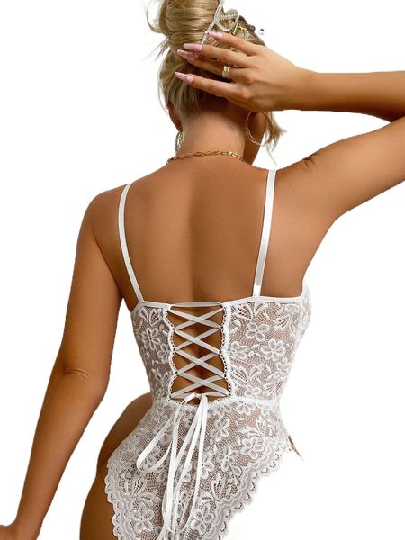 

floral lace scallop trim crotchless teddy bodysuit n8ku#, Black;red